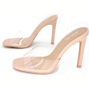 Qupid Clear Strap Nude Heels Size 7 Square Toe Stiletto Mule Sexy Minimalist Y2K